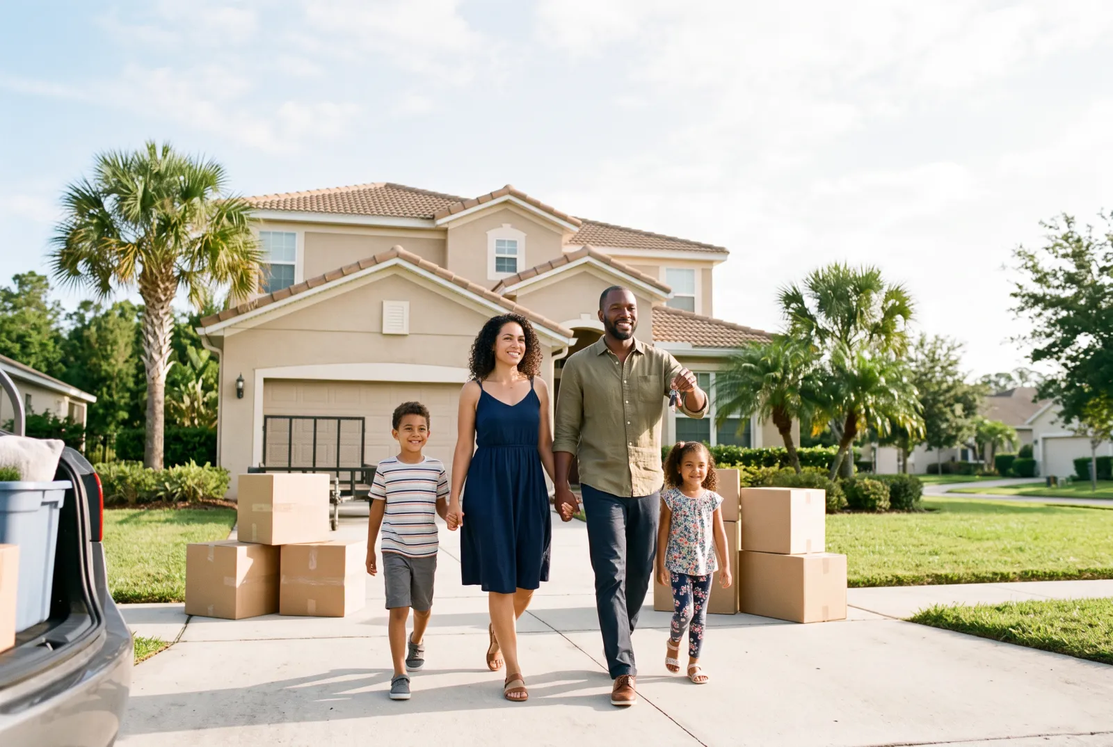 A family in the driveway of their Central Florida home, keys in hand, ready to move up