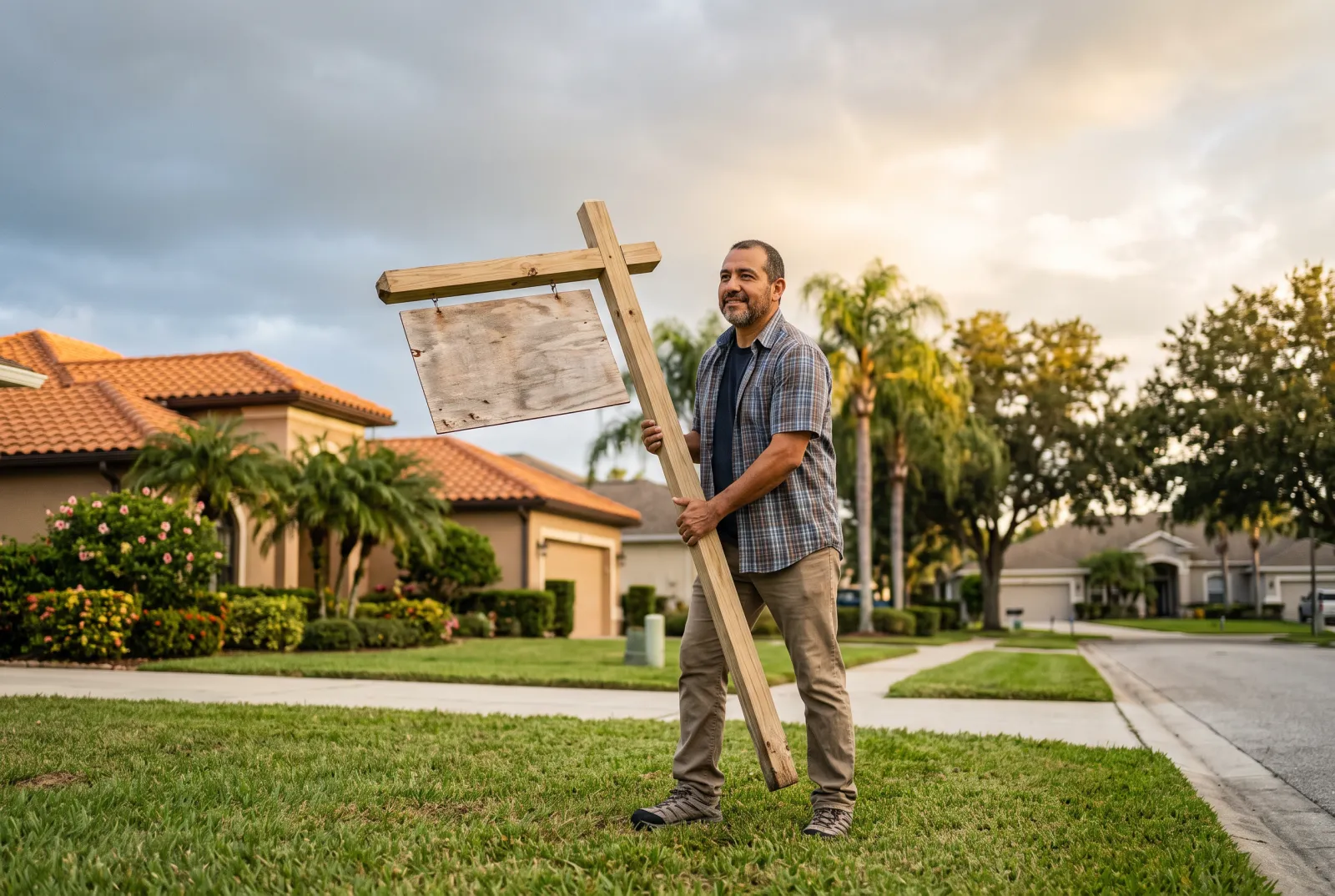 A Central Florida homeowner lifting a for-sale sign from the front yard of a well-kept home